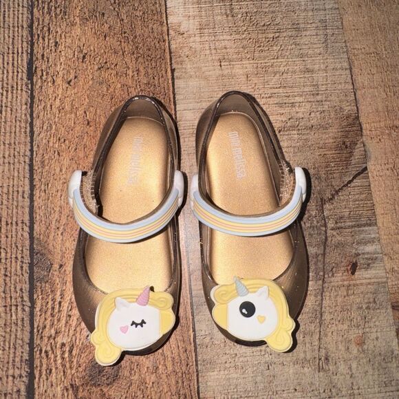 MINI MELISSA Gold Glitter Unicorns Flats Shoes Size 7 Toddler - Picture 1 of 8